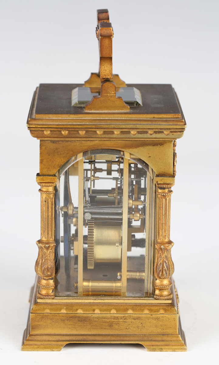 A late 19th/early 20th century French lacquered brass cased carriage timepiece with eight day - Image 4 of 8