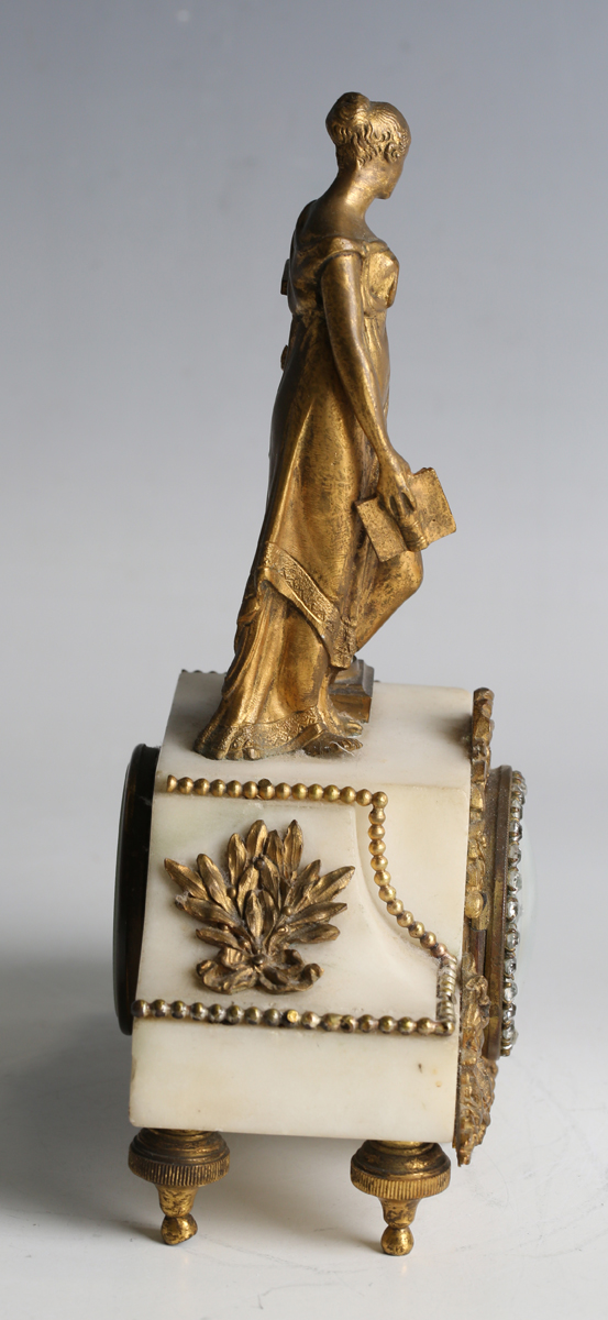 A late 19th century French ormolu mounted alabaster clock garniture, the timepiece with eight day - Image 2 of 7