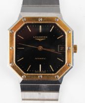 A Longines Automatic steel and gilt metal gentleman's bracelet wristwatch, the signed cut cornered