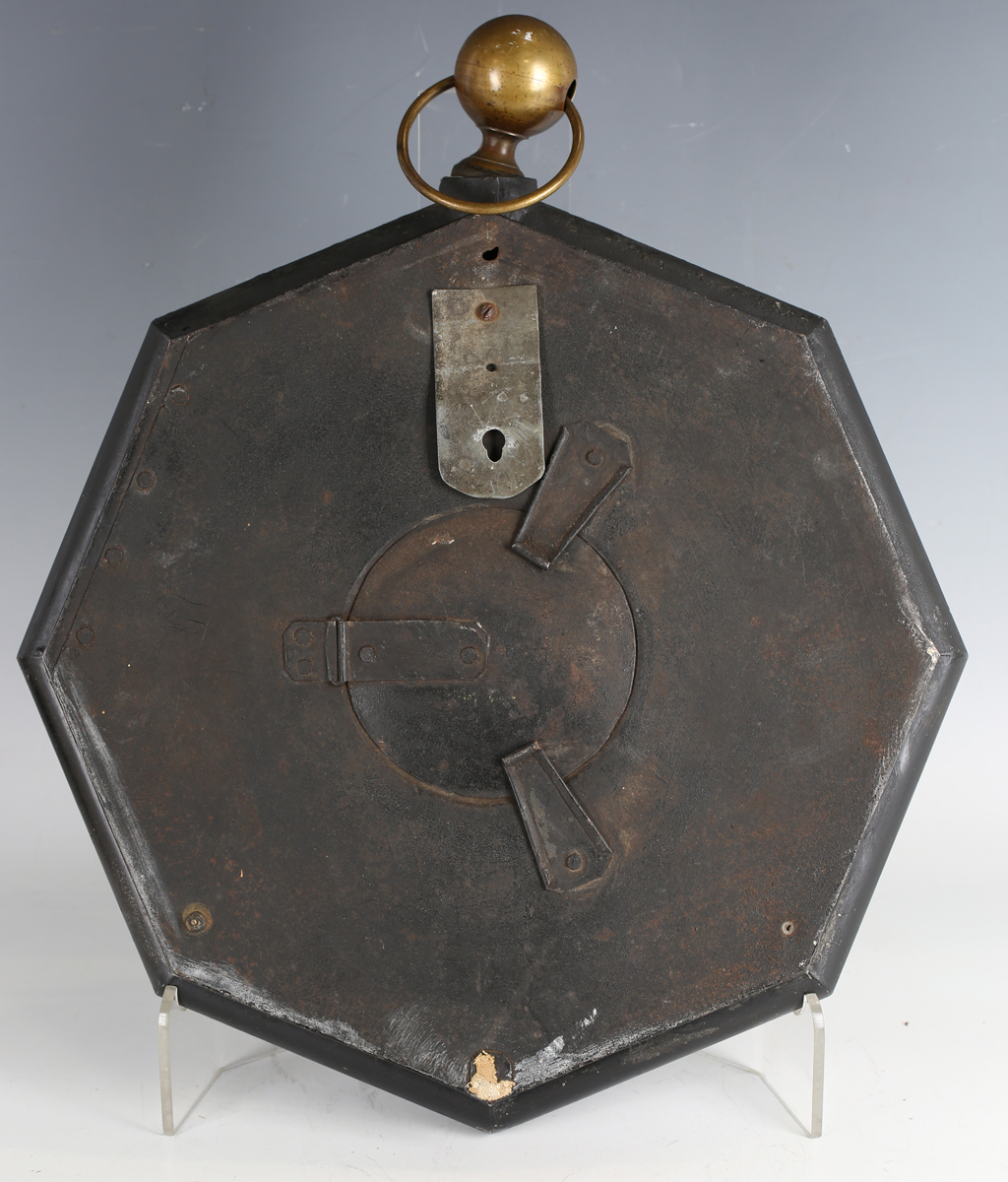 A late 19th century Continental tole painted tin octagonal cased wall clock with French eight day - Image 7 of 9