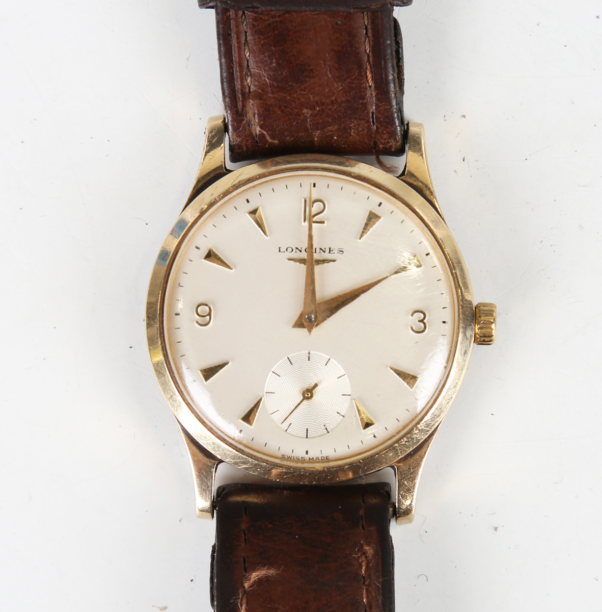 A Longines 9ct gold circular cased gentleman's wristwatch, circa 1966, the signed jewelled 30L