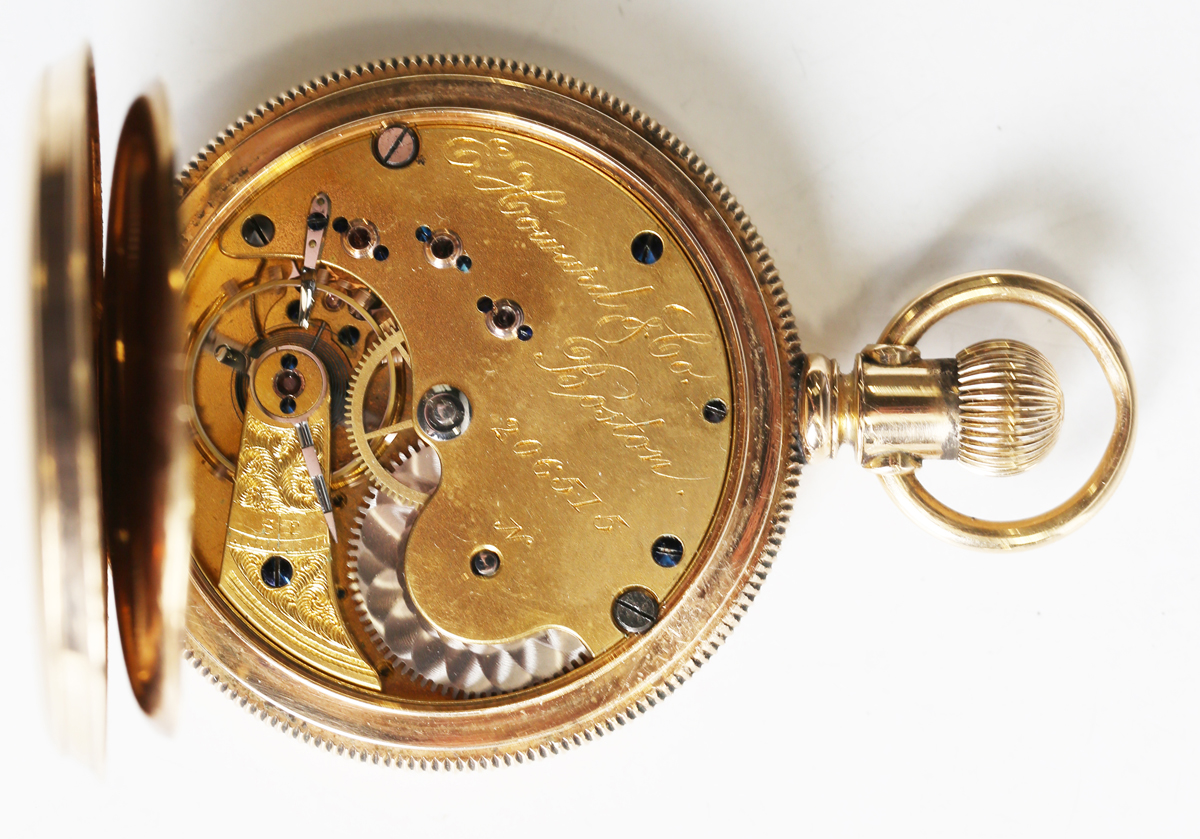 An American 14ct gold keyless wind hunting cased gentleman's pocket watch, the gilt three-quarter - Image 13 of 16