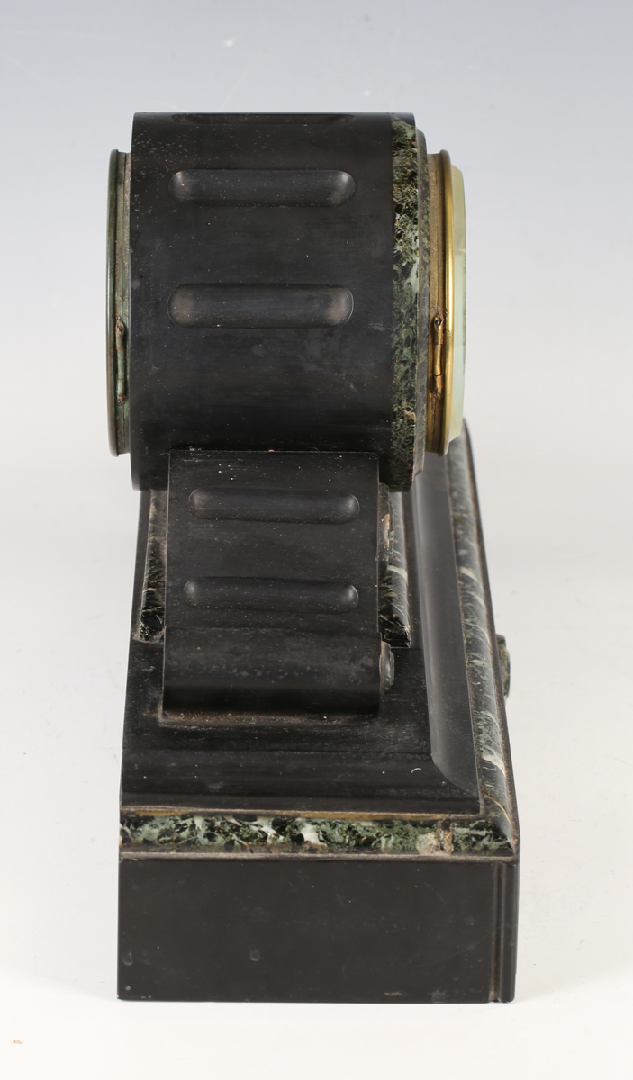 A late 19th century French slate and marble cased mantel clock with eight day movement striking on a - Image 7 of 9