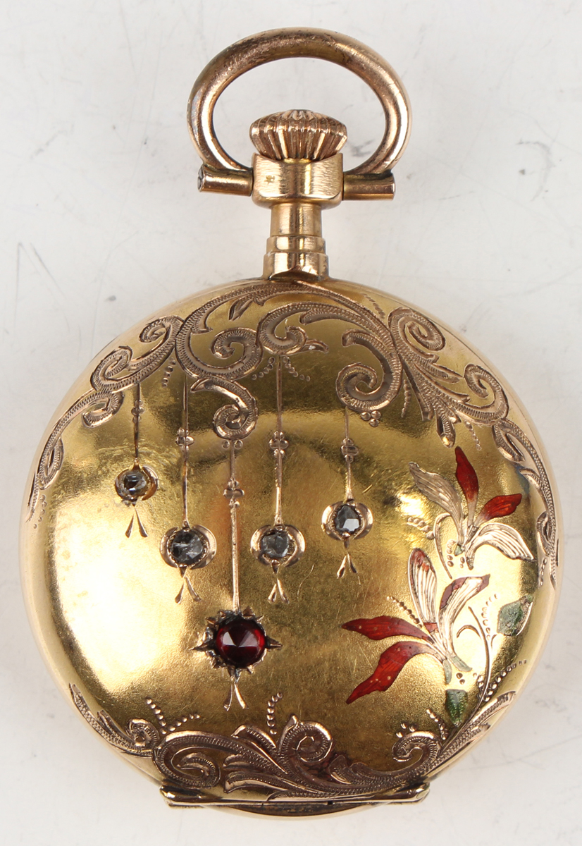 A gold, garnet and diamond set and enamelled hunting cased keyless wind lady's fob watch with - Image 6 of 6