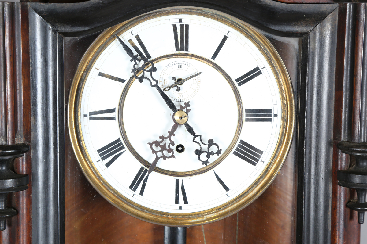 A late 19th century walnut and ebonized Vienna style wall timepiece with single train movement, - Image 8 of 8
