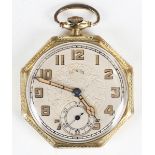 An American Art Deco gilt metal octagonal cased keyless wind dress pocket watch, the jewelled