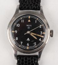 A Smiths MoD issue steel cased gentleman's wristwatch, the signed black dial with white Arabic
