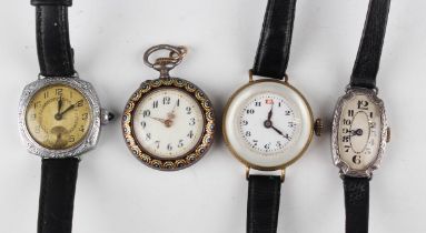 An Edwardian silver and enamelled keyless wind open-faced lady's fob watch, import mark London 1907,