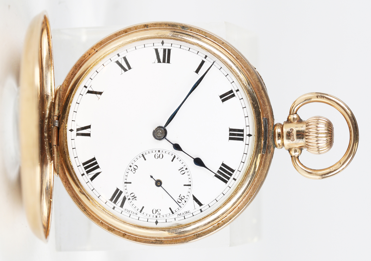 A 9ct gold keyless wind half hunting cased gentleman's pocket watch, the jewelled movement