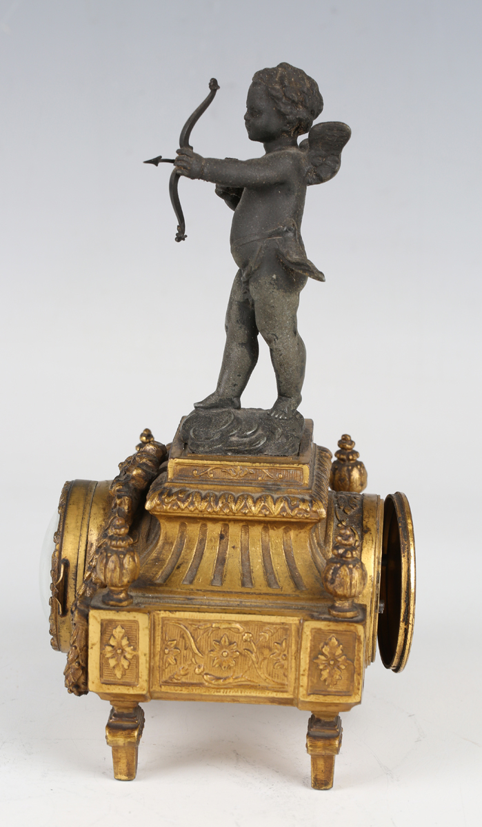 A late 19th century French gilt metal and patinated spelter mantel timepiece, the movement with - Image 7 of 9