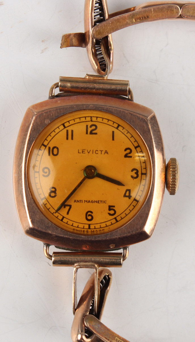 A Levicta 9ct gold curved square cased lady's wristwatch with signed jewelled movement, the signed