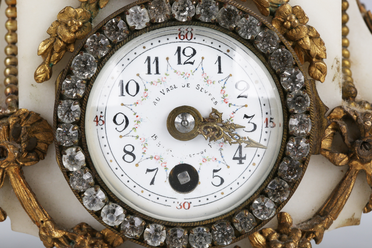 A late 19th century French ormolu mounted alabaster clock garniture, the timepiece with eight day - Image 7 of 7