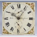 A mid-19th century 30-hour clock movement, the 11-inch square painted dial with black Roman hour