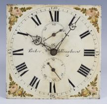 A mid-19th century 30-hour clock movement, the 11-inch square painted dial with black Roman hour