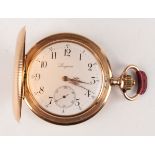A Longines 14ct gold keyless wind hunting cased gentleman's pocket watch, circa 1908, the signed