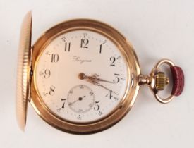 A Longines 14ct gold keyless wind hunting cased gentleman's pocket watch, circa 1908, the signed