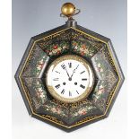 A late 19th century Continental tole painted tin octagonal cased wall clock with French eight day