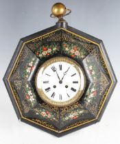 A late 19th century Continental tole painted tin octagonal cased wall clock with French eight day