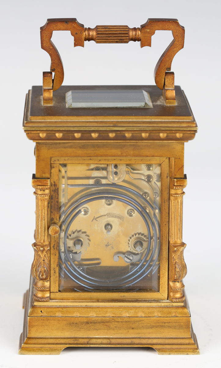A late 19th/early 20th century French lacquered brass cased carriage timepiece with eight day - Image 5 of 8