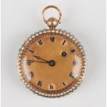 A 19th century gold, pale blue paste imitating turquoise and seed pearl set keywind lady's fob watch