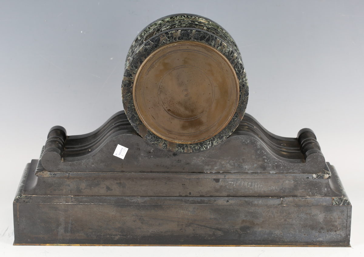 A late 19th century French black slate and marble mantel clock with eight day movement striking on a - Image 6 of 9
