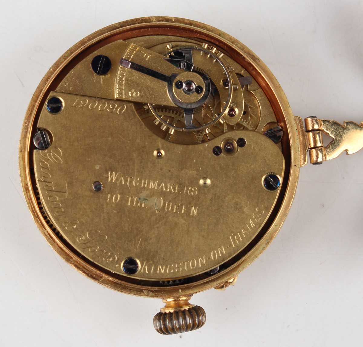 A late Victorian 18ct gold cased open-faced lady's fob watch, the jewelled movement detailed 'Gaydon - Image 5 of 5