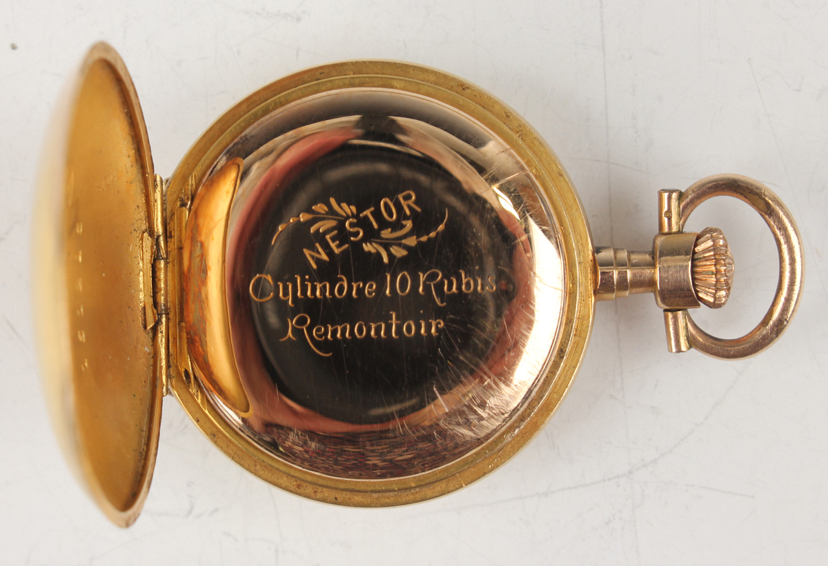 A gold, garnet and diamond set and enamelled hunting cased keyless wind lady's fob watch with - Image 4 of 6