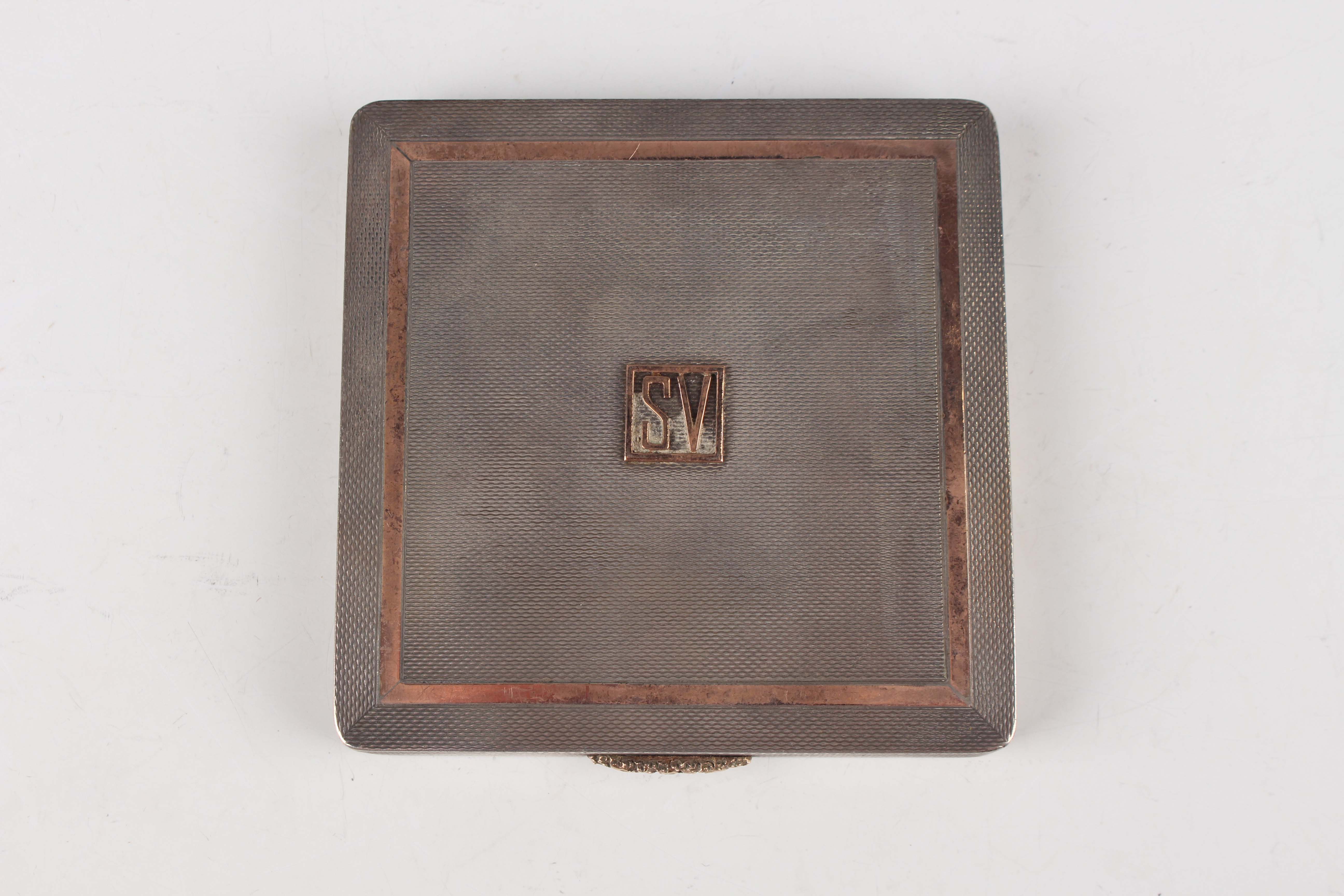 An Elizabeth II silver and parcel gilt square powder compact, the front applied with initials ' - Image 5 of 5