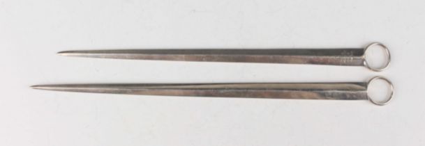 Two George III silver meat skewers, each with a ring terminal, London 1804 by William Eley I and