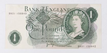 An Elizabeth II Bank of England one pound note error with mismatched serial numbers 'BN31 156843'