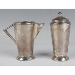 An Art Deco silver cream jug and matching sugar caster, each of tapering cylindrical form, the jug