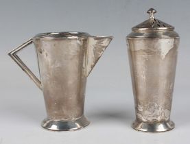 An Art Deco silver cream jug and matching sugar caster, each of tapering cylindrical form, the jug