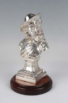 A silver bust of a cavalier on a square socle base, unmarked, weight 338.8g, screw fitted to a