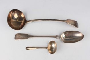 A William IV silver Fiddle pattern stuffing spoon by John James Whiting, length 30cm, and a silver