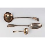 A William IV silver Fiddle pattern stuffing spoon by John James Whiting, length 30cm, and a silver