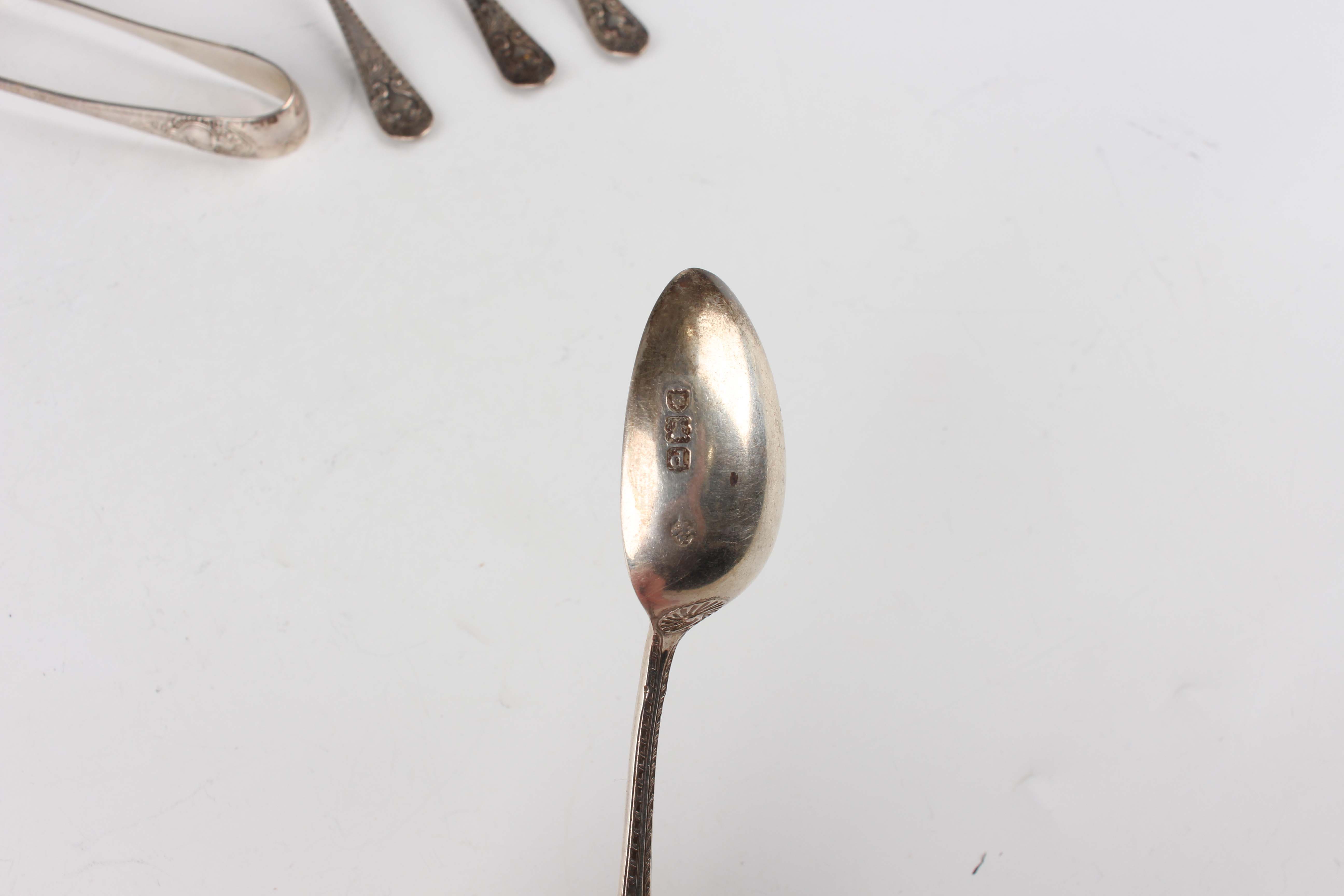 A set of six late Victorian silver teaspoons and a pair of matching sugar tongs, London 1899 by - Image 2 of 3