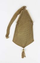 A 9ct gold woven mesh evening bag, fitted to a woven mesh hand chain with a tassel drop, import mark