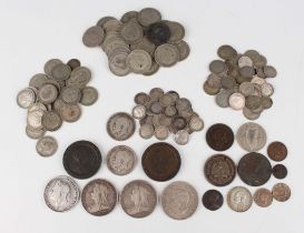 A collection of various British and world coins, including a George IV crown 1821, two Victoria