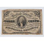 A USA three cents fractional currency banknote, Act of March 3rd 1863.Buyer’s Premium 29.4% (