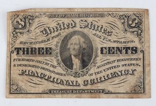 A USA three cents fractional currency banknote, Act of March 3rd 1863.Buyer’s Premium 29.4% (