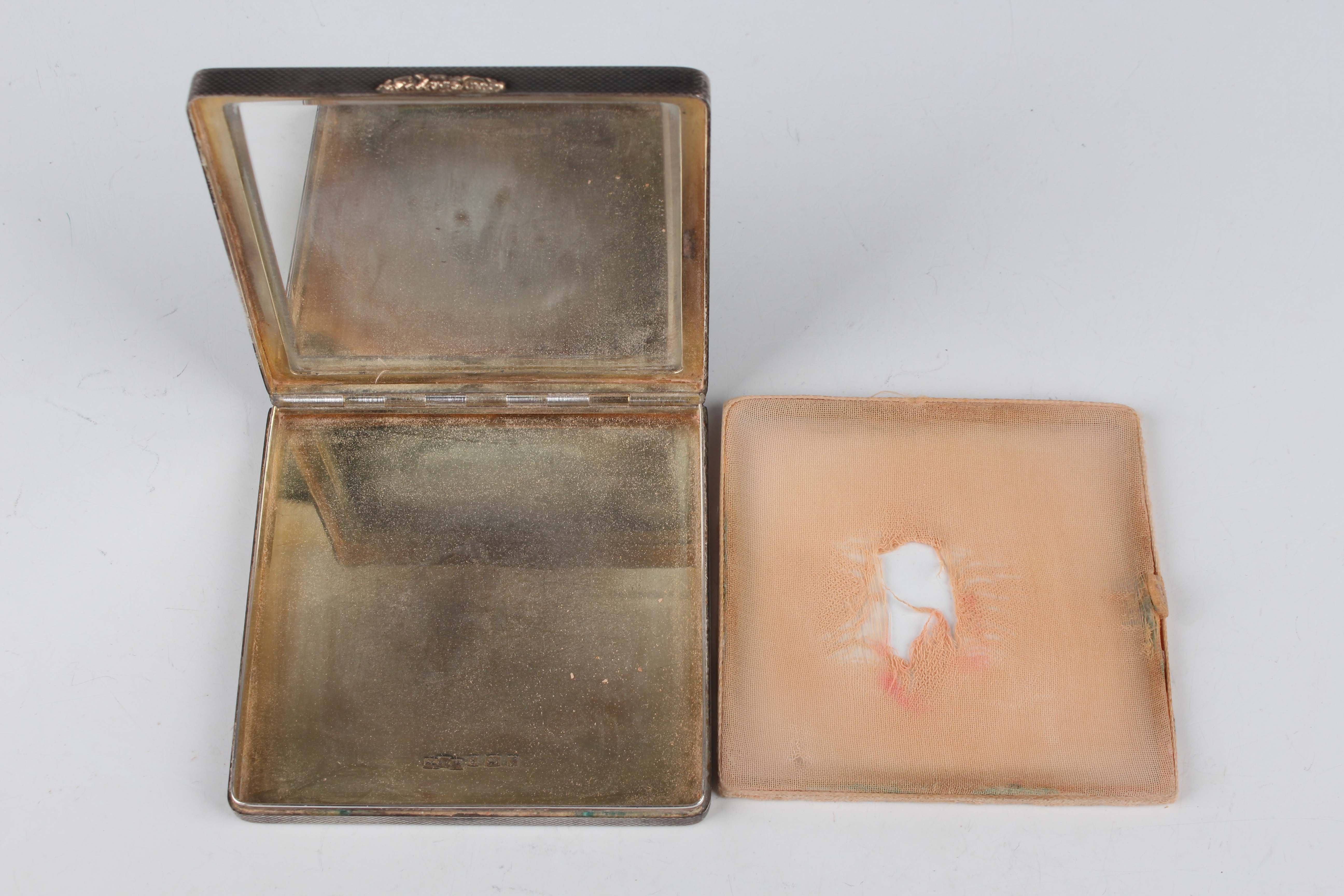 An Elizabeth II silver and parcel gilt square powder compact, the front applied with initials ' - Image 4 of 5