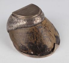 A late Victorian silver mounted horse's hoof inkstand, the hinged lid initial engraved and dated '