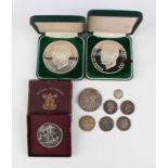 Two Eamon de Valera 1882-1982 silver medallions, cased, together with a small group of 18th and 19th