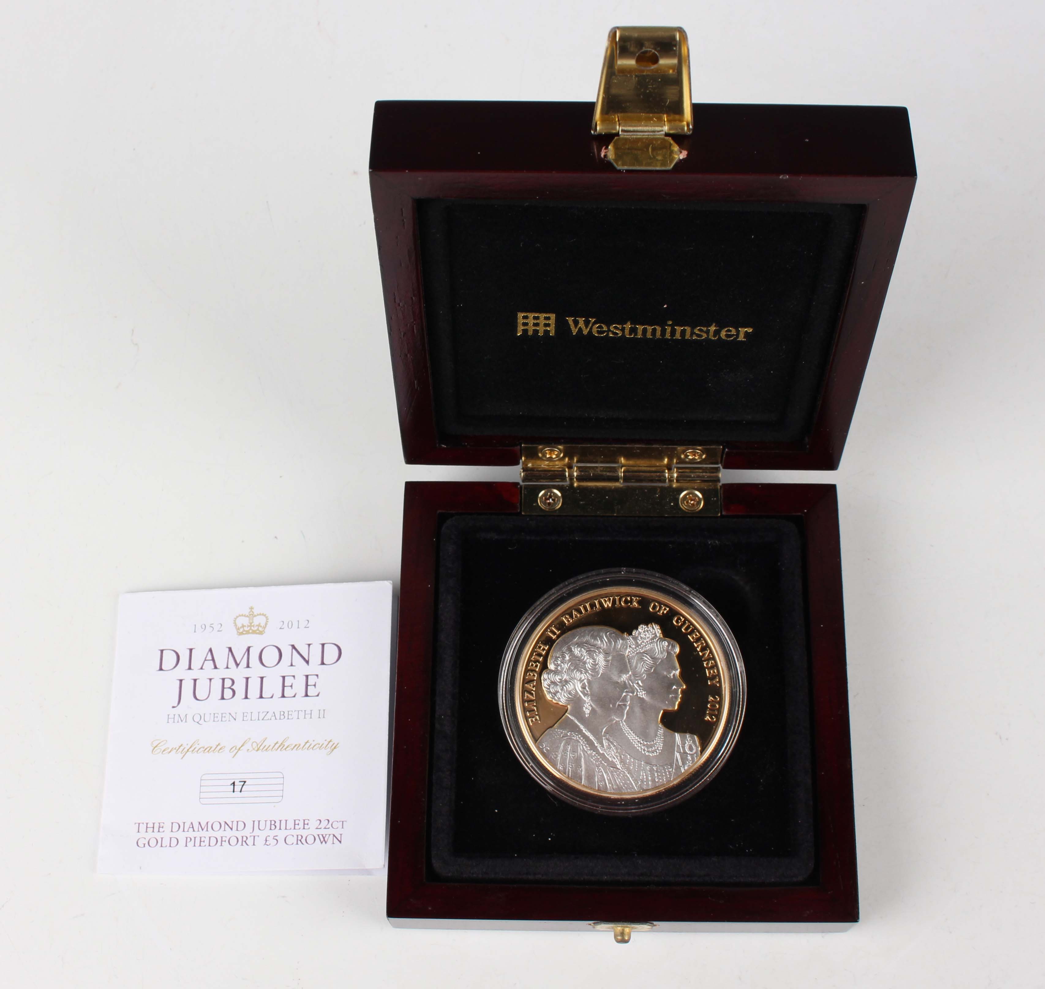 An Elizabeth II Westminster Mint Diamond Jubilee gold piedfort five pounds 2012, cased with