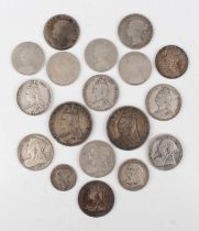 A collection of Victoria silver coinage, including two crowns, 1891 and 1892, and a half-crown
