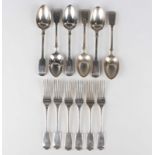 A set of six Edwardian silver Fiddle pattern dessert spoons and forks, London 1901 and 1903 by