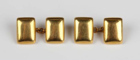 A pair of gold cufflinks of rectangular cushion form, detailed '15', weight 5.9g, dimensions of each