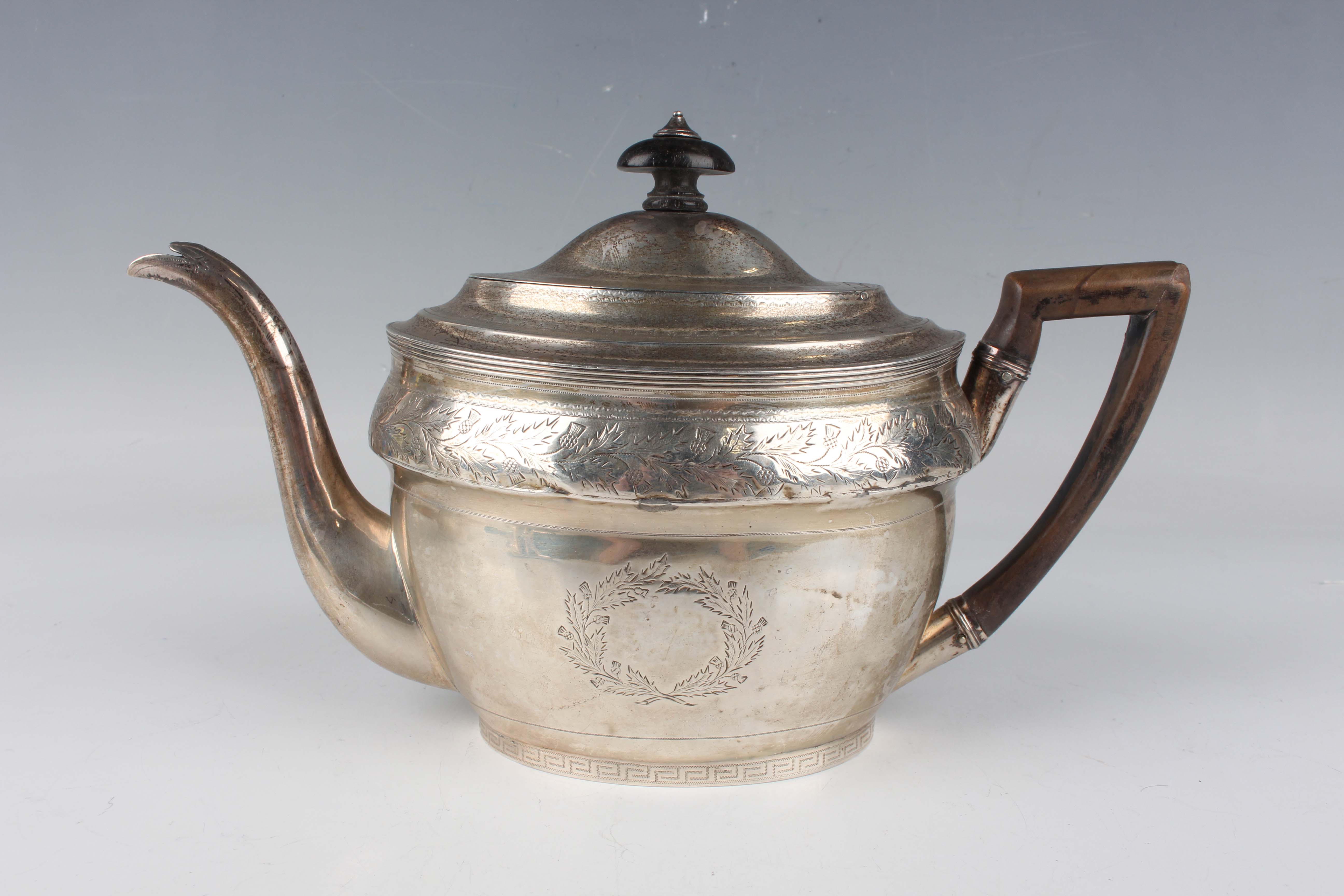 A George III Scottish silver four-piece tea set of oval form, engraved with a band of thistles above - Image 6 of 6