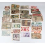 A large collection of European and world banknotes, mostly circulated, including Japan, Mexico,