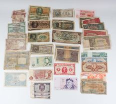 A large collection of European and world banknotes, mostly circulated, including Japan, Mexico,